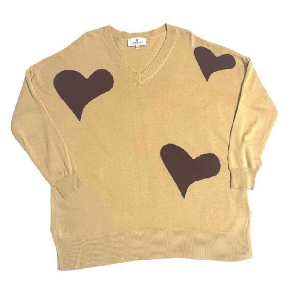 Laurie Felt Cashmere Blend Intarsia V-Neck Sweater Tunic Large Hearts Tan Brown